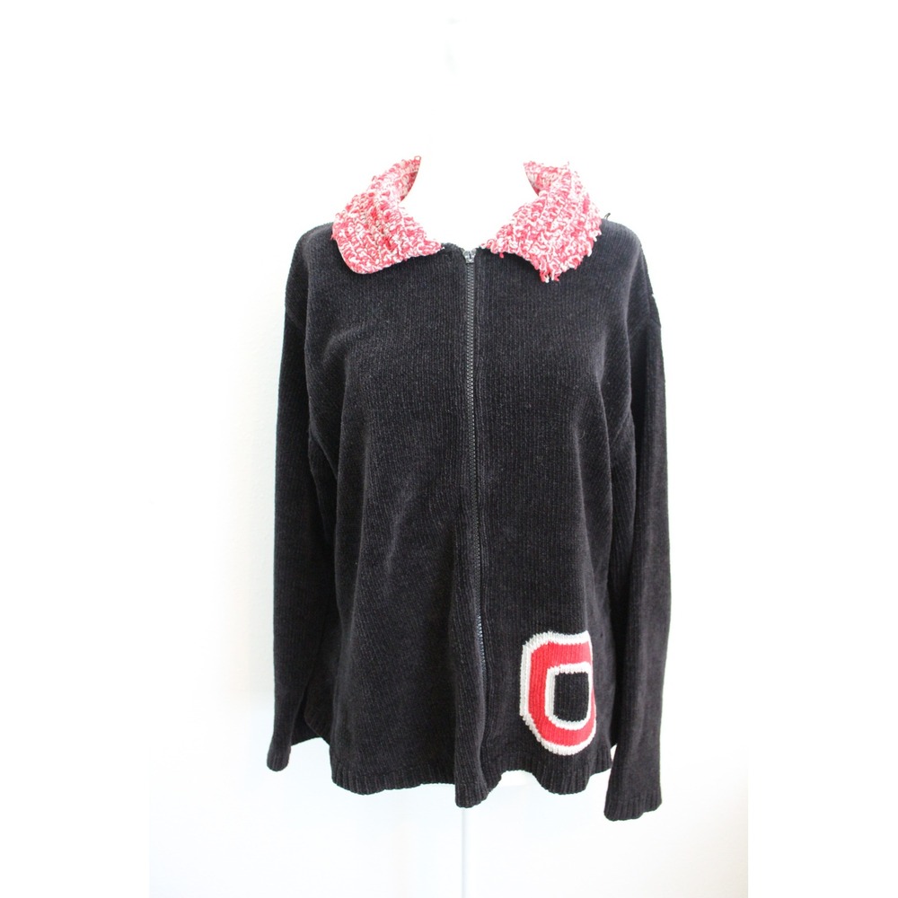 VTG‎ Belle Pointe Ohio State Buckeyes Zip Chenille Sweater Black Red XL
